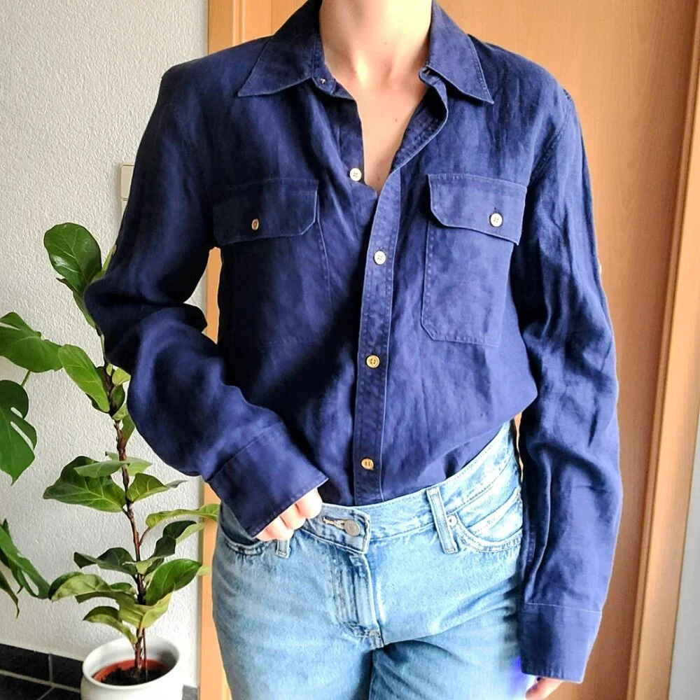 Lauren Ralph Lauren Navy Blue Linen Long Sleeve Button Down Shirt Size Medium - Picture 13 of 13